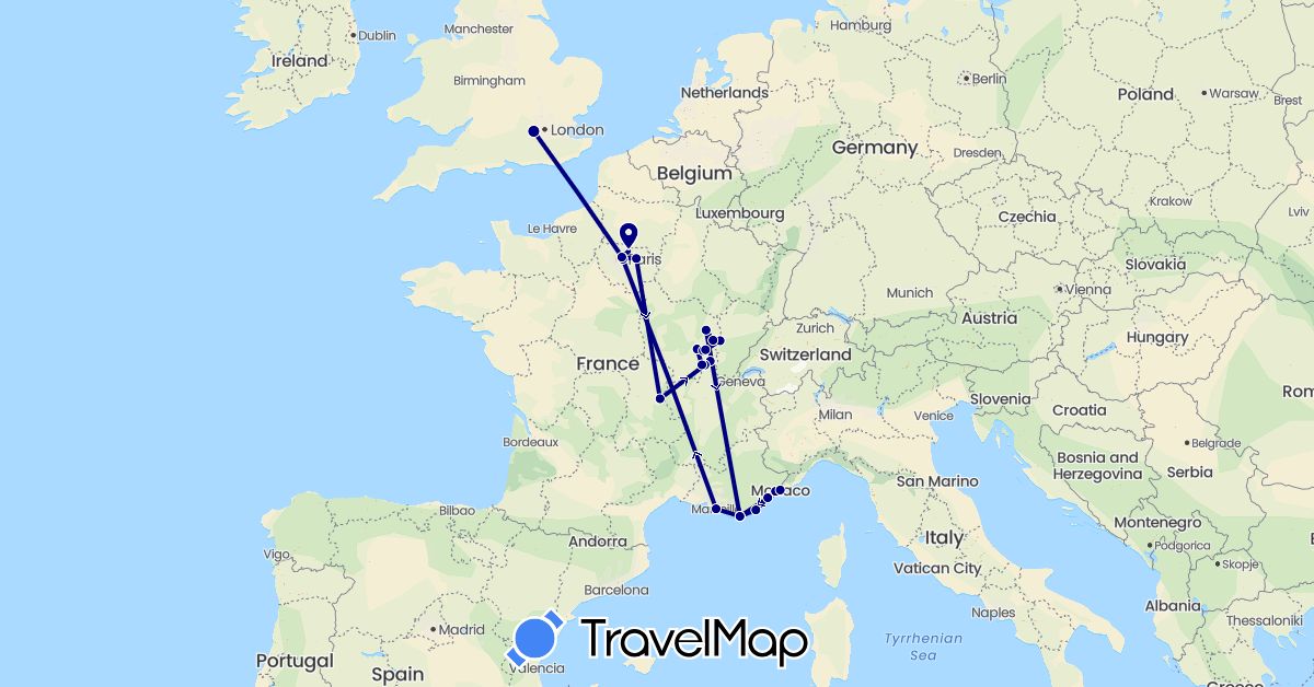 TravelMap itinerary: driving in France, United Kingdom, Monaco (Europe)